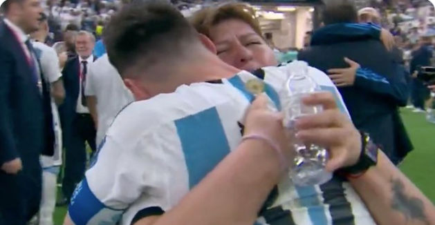 Lionel Messi’s mother Celia Cuccittini runs to hug him after Argentina wins FIFA World Cup 2022