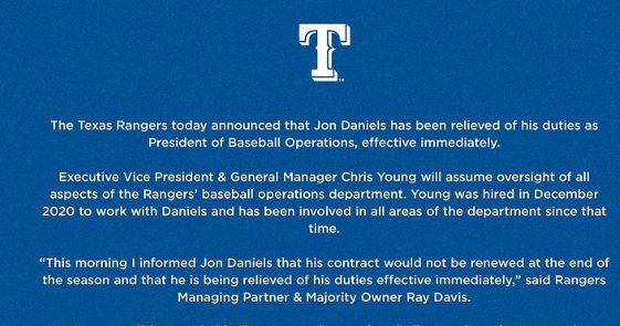 Texas Rangers fire long-time executive Jon Daniels 2 days after Chris Woodward