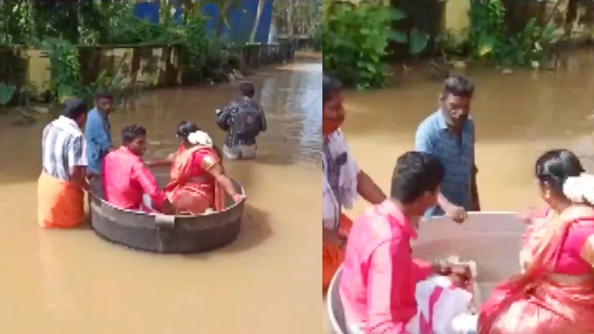 Delicious! in flood-hit Kerala, couple floats down aisle in cooking vessel