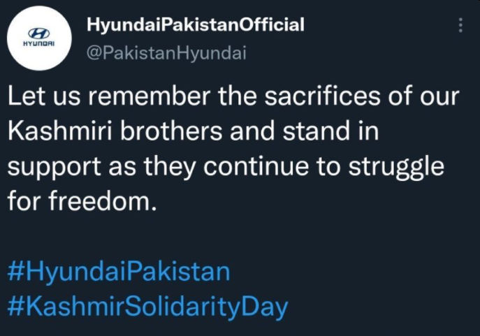 South Korea ‘regretful’ for Hyundai Pakistan tweet on Kashmir