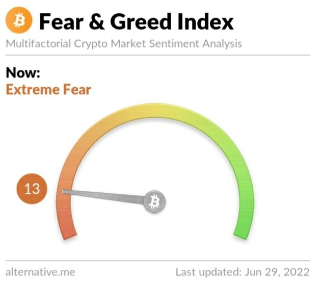 Crypto Fear and Greed Index on Wednesday, June 29, 2022