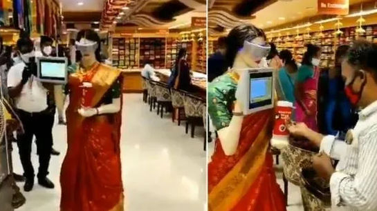 Watch: Saree-clad automated mannequin that can dispense sanitiser
