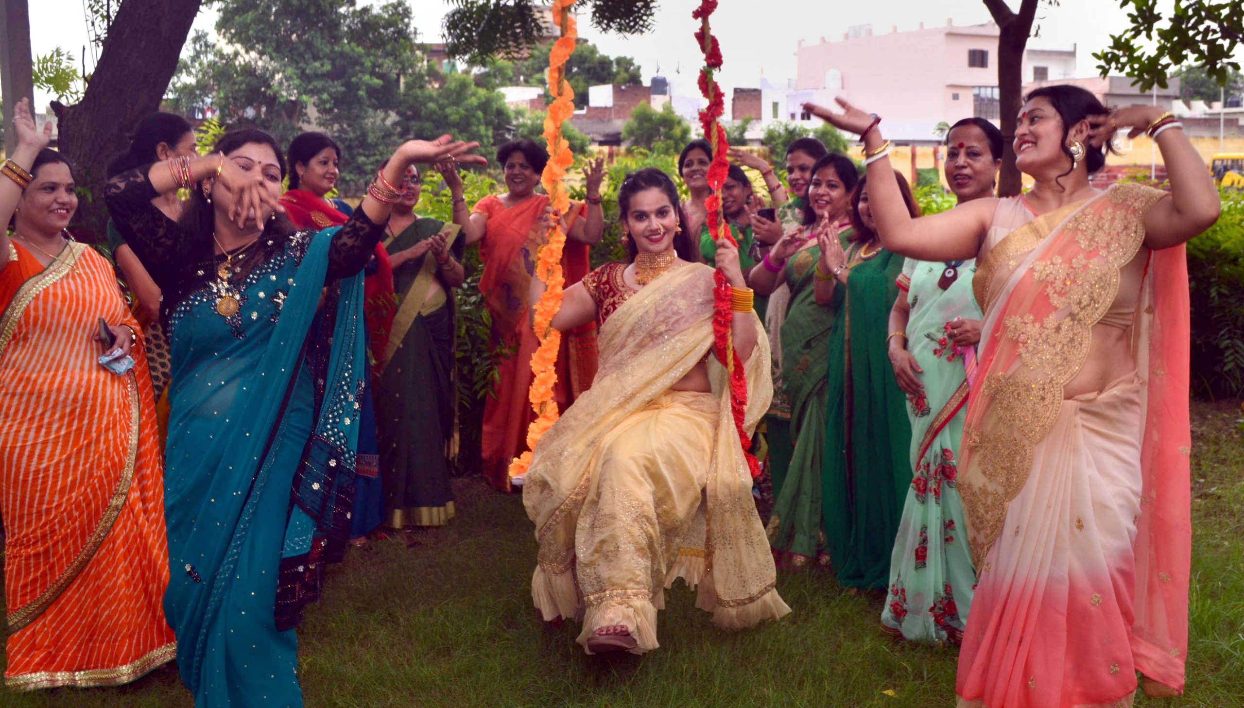 Hindu women dressed in gorgeous colours celebrate Teej festival