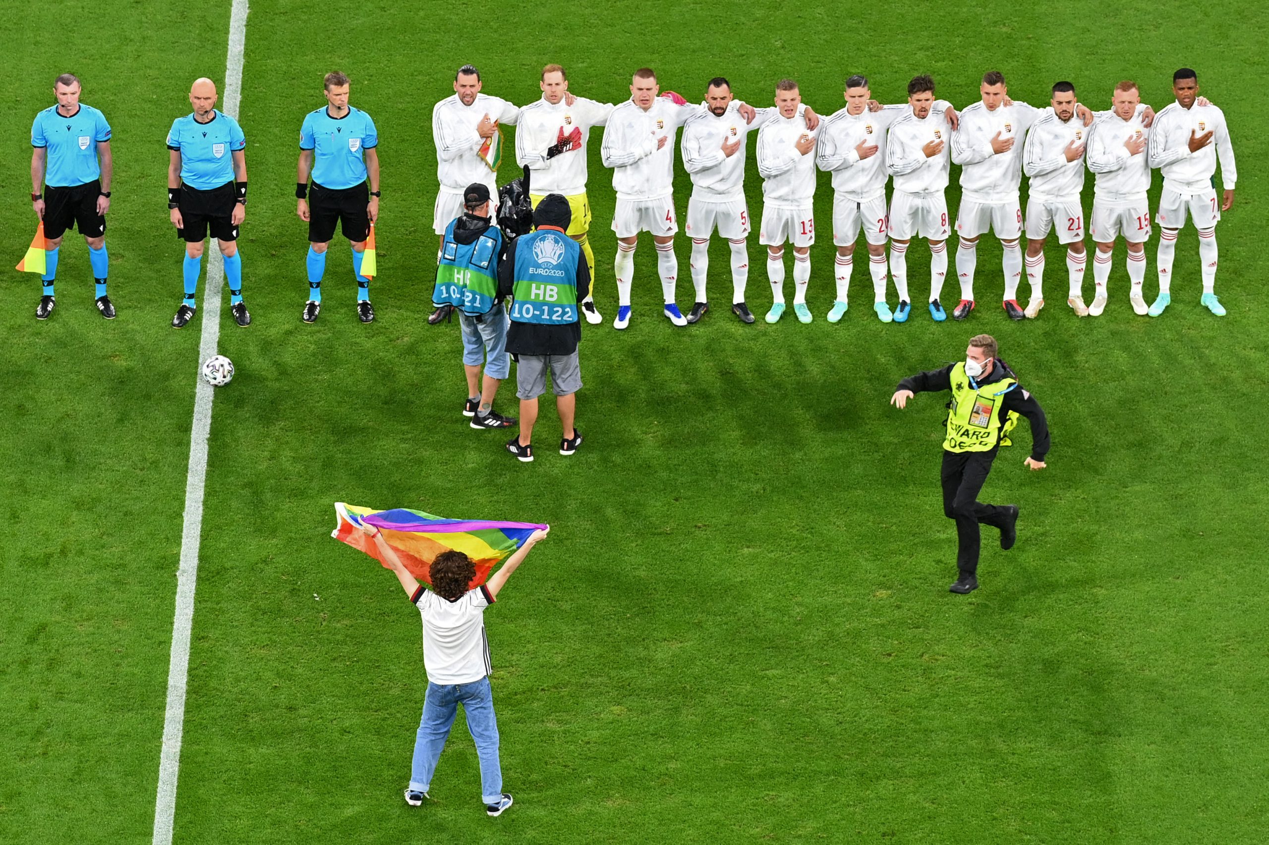 EURO 2020: German fan with rainbow flag invades pitch during Hungarian anthem