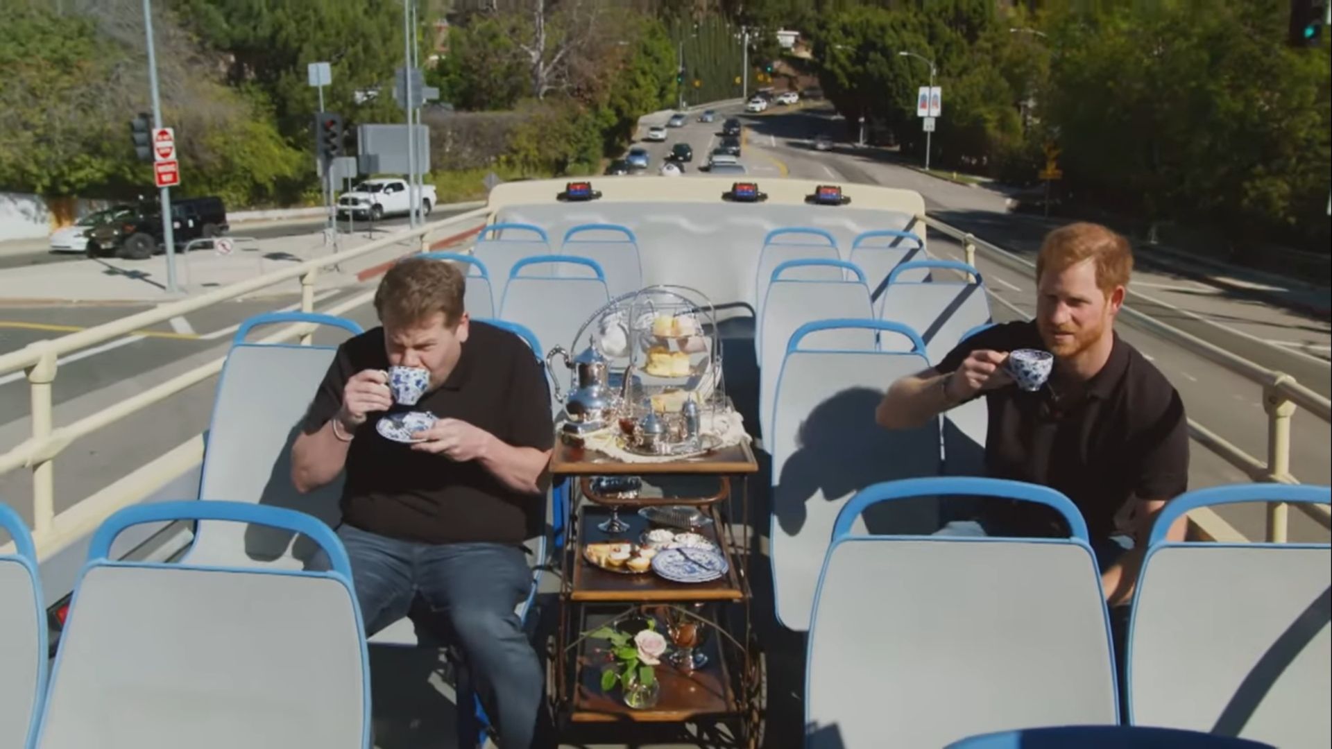 Prince Harry joins James Corden for a Los Angeles open top bus-tour in Late Late Show