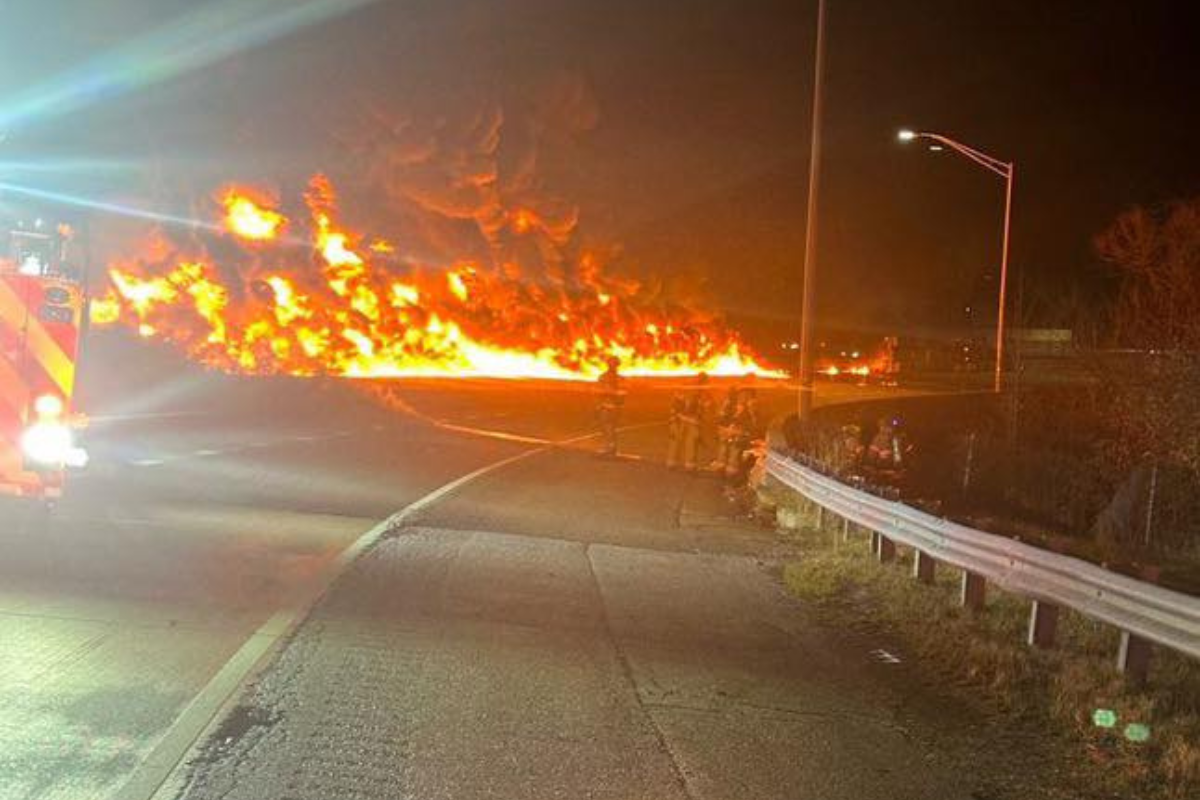 Tanker explodes into flames on I-695 outer loop in Pikesville, Baltimore: Watch