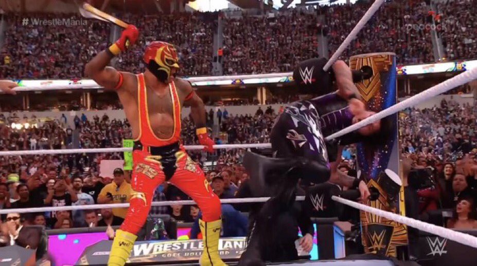 Rey Mysterio spanks son Dominik Mysterio with belt, Bad Bunny interferes in WrestleMania 39: Watch