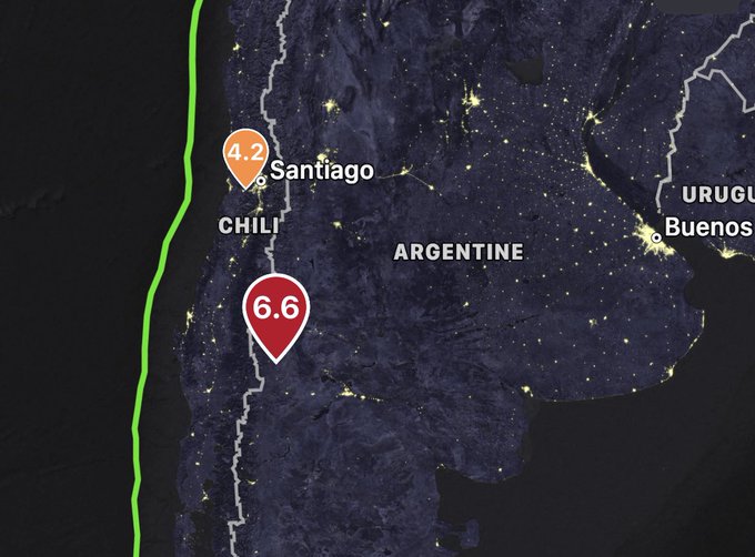 6.6 magnitude earthquake at border between Argentina and Chile