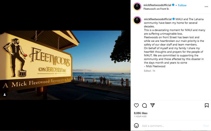 Mick Fleetwood’s restaurant destroyed as wildfires devastate Maui’s iconic front street