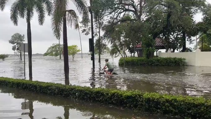 Florida man rides bicycle around Tampa Bay after the storm surges over 4 ft : Watch Video
