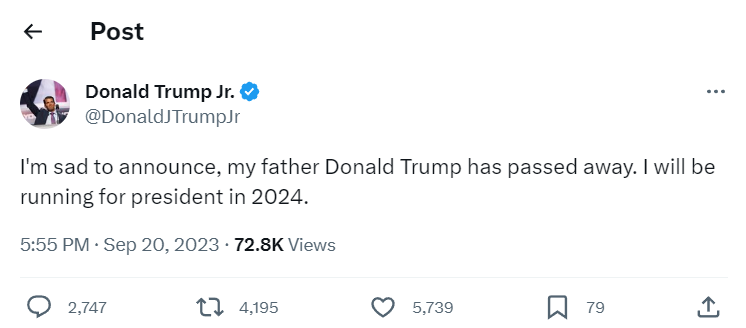 Is Donald Trump Jr’s X account hacked? Ex- president’s son announces father’s death, calls Biden the n-word