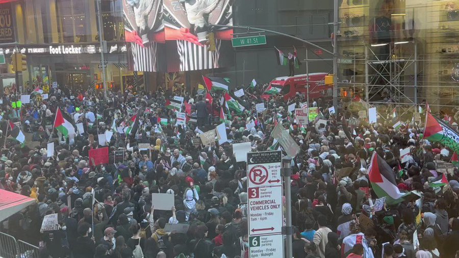 Times Square flooded with Palestinian Flags as thousands rally in support, Law Enforcement on high alert