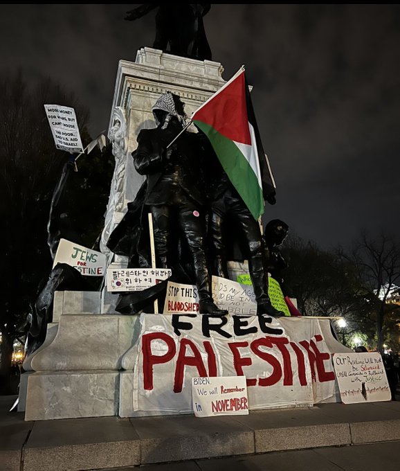 Palestinian protesters desecrate statue of American Revolutionary War General Marquis de Lafayette Statue in Washington DC