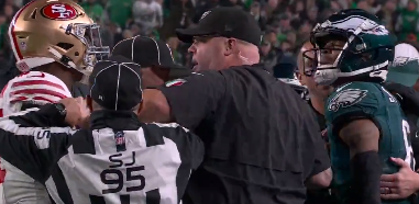 San Francisco LB Dre Greenlaw ejected after making contact with Eagles head of security Dom DiSandro | Watch Video