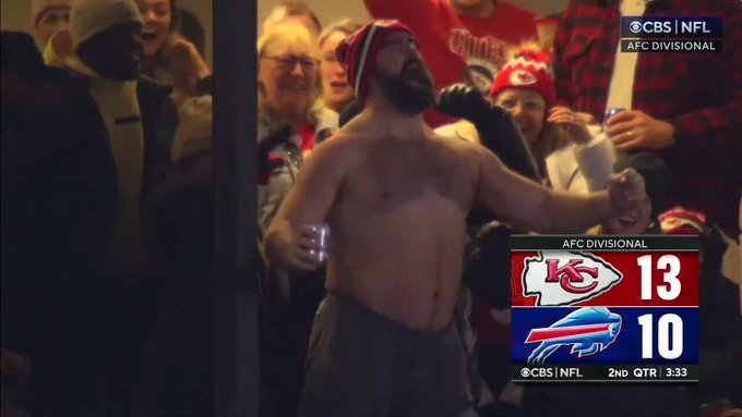 Jason Kelce celebrates Travis Kelce’s touchdown, shirtless with beer in hand| Watch Video